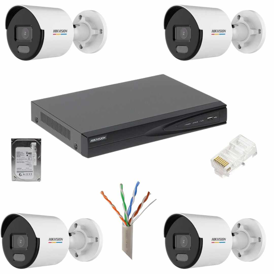 Sistem de supraveghere cu 4 camere Hikvision IP,Lumina alba 30m, PoE, 5MP, lentila 2.8mm, NVR 4 canale IP, Accesorii