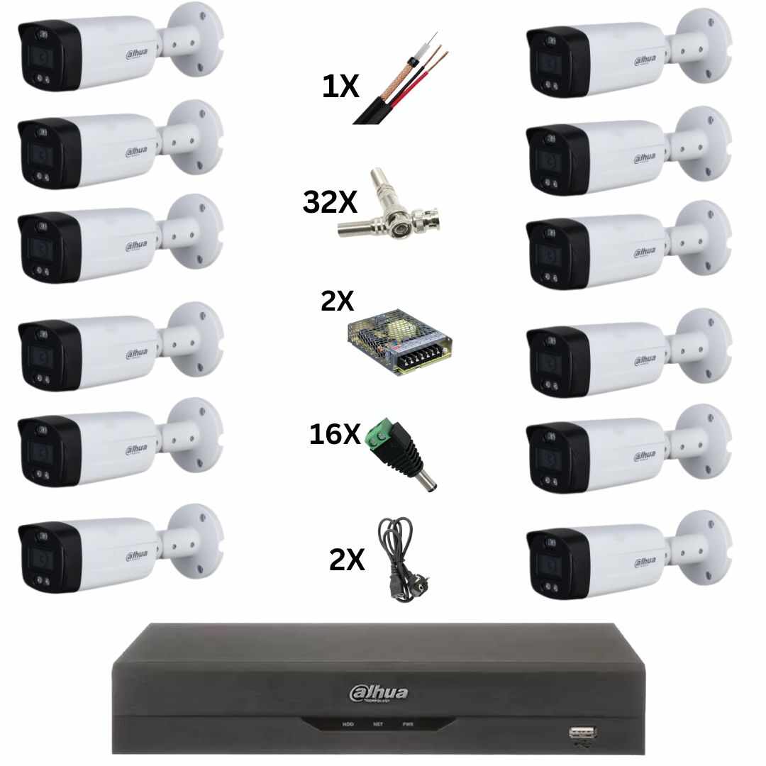 Sistem de supraveghere Dahua cu 16 camere ColorVu 8MP, Lumina color 40M, Lentila 3.6mm, Alarma stroboscopica, DVR de 16 canale 4k, accesorii