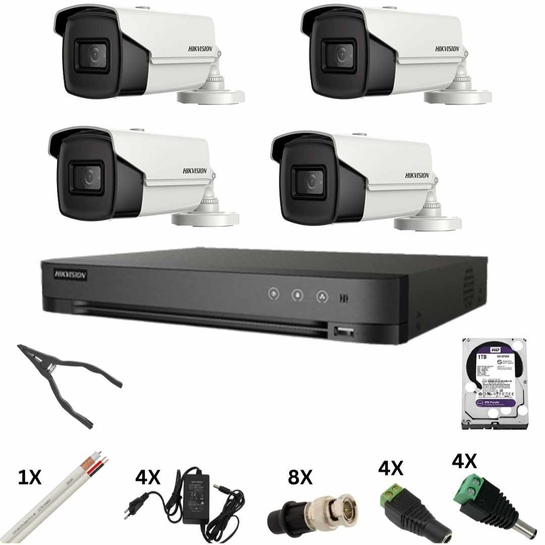 Sistem de supraveghere Hikvision cu 4 camere 8 Megapixeli, Infrarosu 60m, DVR 4 canale 8 Megapixeli, Hard, Accesorii