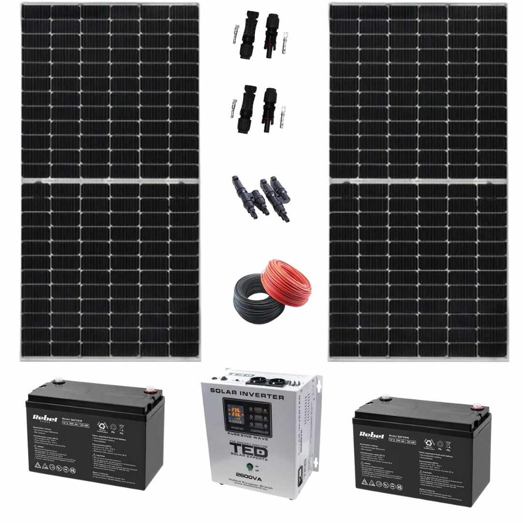 Sistem Fotovoltaic Monocristalin, 2X 375W, 2 Acumulatori 12V 100AH, Invertor 1,8 KW cu iesire 220V, Accesorii incluse