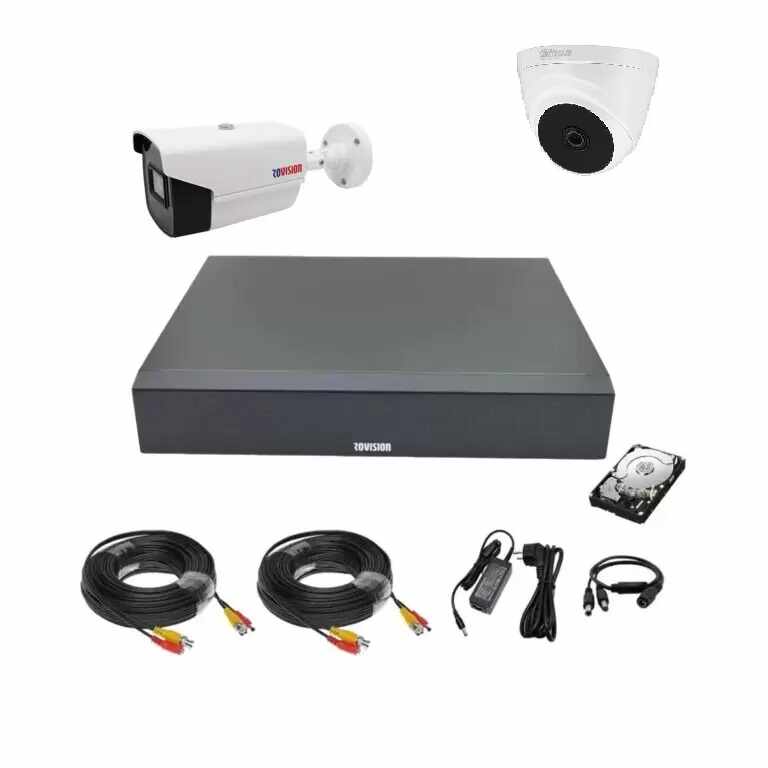 Sistem supraveghere mixt 2 camere, 1 exterior 2MP 1080P full hd IR 40m si 1 interior 2MP IR20m, DVR 4 canale, accesorii, HDD 500GB