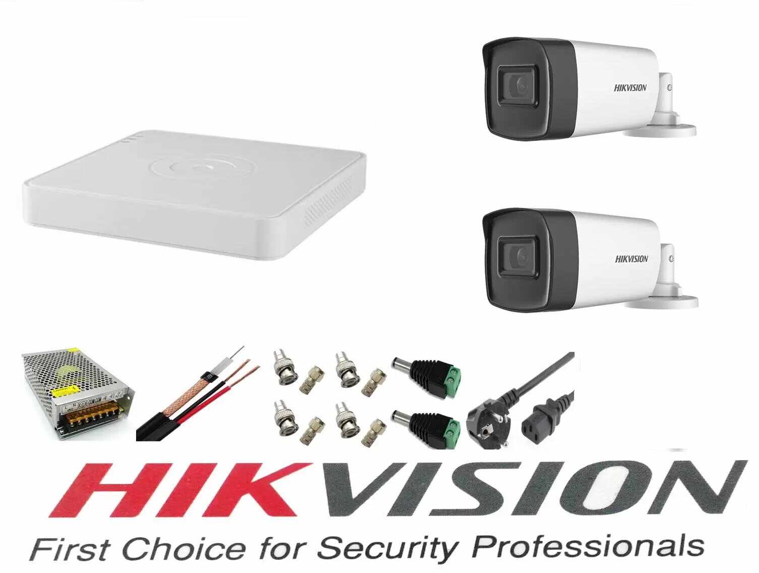 Sistem supraveghere video Hikvision 2 camere 5MP Turbo HD IR 40 M cu DVR Hikvision 4 canale full accesorii, internet
