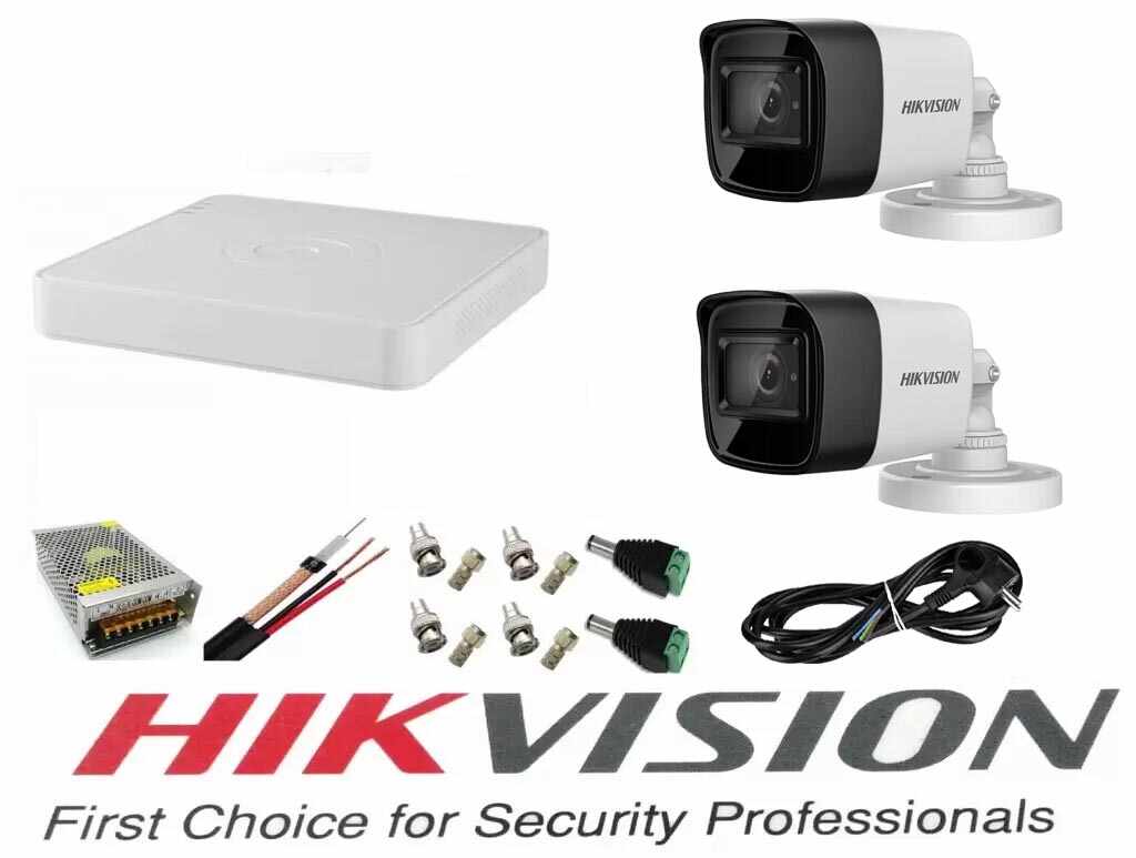 Sistem supraveghere video Hikvision 2 camere 5MP Turbo HD IR 80 M cu DVR Hikvision 4 canale full accesorii, cablu coaxial