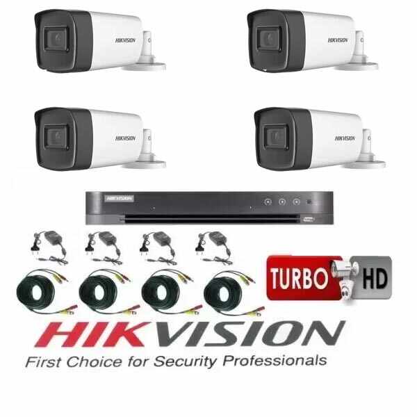Sistem supraveghere video Hikvision 4 camere 2MP Turbo HD, IR80m si IR40m, DVR Hikvision, HARD 500GB, full accesorii