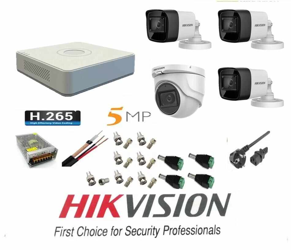 Sistem supraveghere video Hikvision 4 camere 5MP, 3 exterior Turbo HD IR 80 M 1 interior IR 20m cu full accesorii