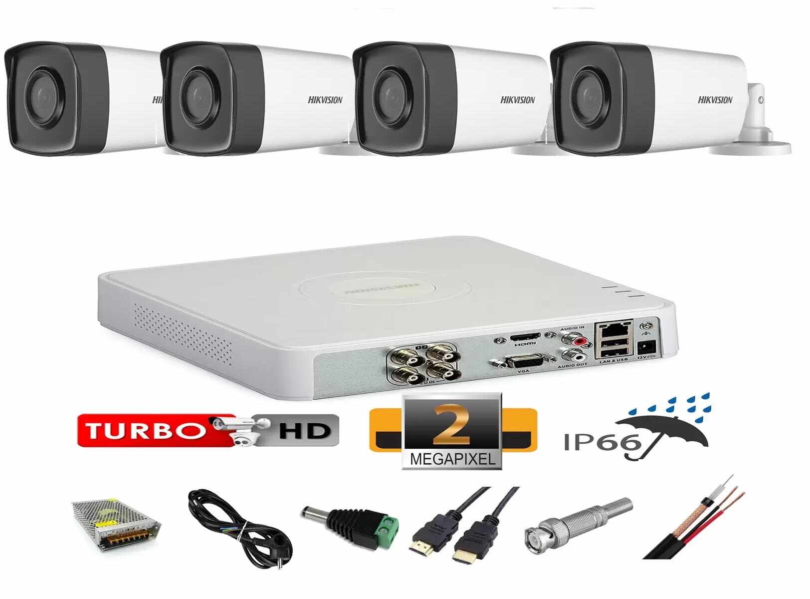 Sistem supraveghere video profesional exterior 4 camere 2MP Hikvision Turbo HD 40m IR full accesorii accesorii, internet