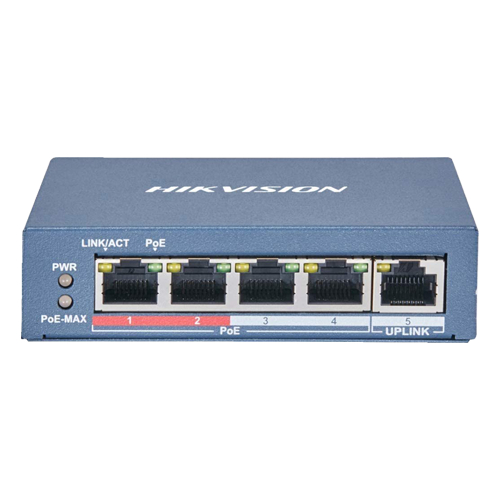 Switch 4 porturi 100 Mb PoE, 1 port uplink RJ45 100 Mb, SMART Management - Hikvision DS-3E1105P-EI-M
