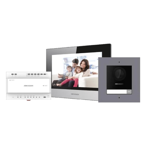 KIT videointerfon 2 fire pentru 1 familie, monitor 7 inch, Alarma - Hikvision - DS-KIS702Y