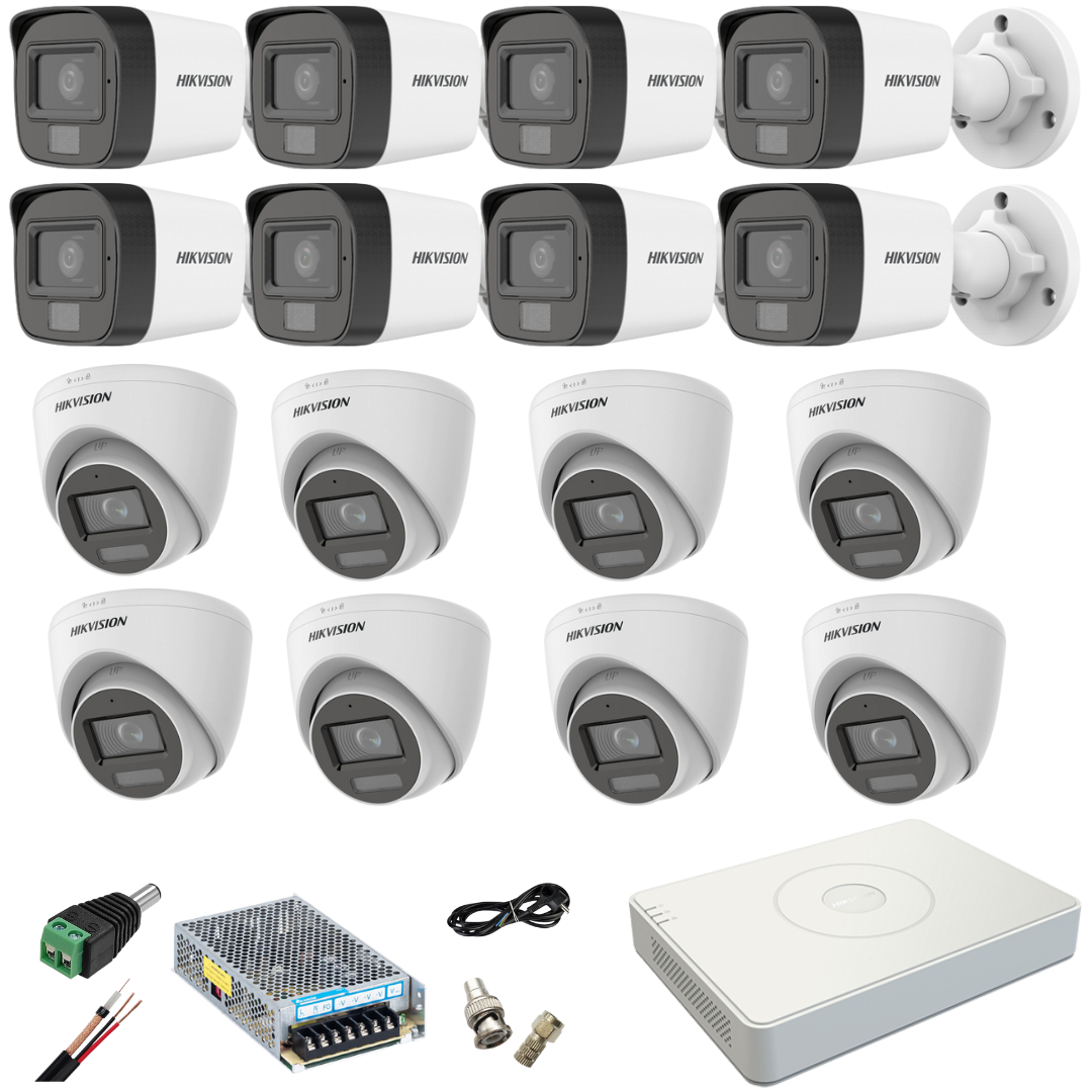 Sistem supraveghere mixt 16 camere Hikvision 2MP Dual Light DVR 4MP cu accesorii incluse