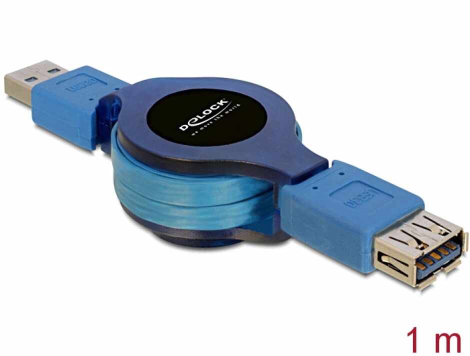 Cablu prelungitor USB 3.0 retractabil T-M 1m, Delock 82649