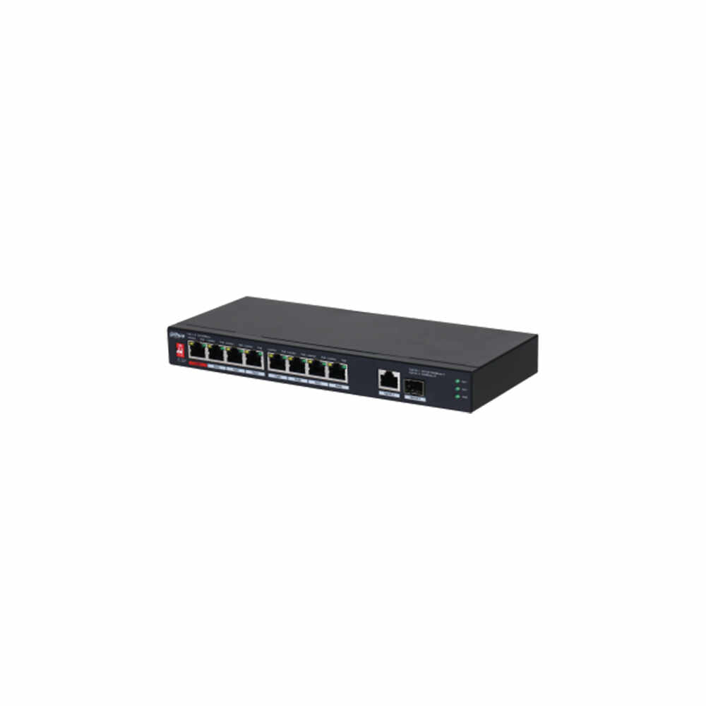 Switch cu 10 porturi Dahua PFS3110-8ET1GT1GF-96, 5.6 Gbps, 4.17 Mpps, 8.000 MAC, fara management, PoE