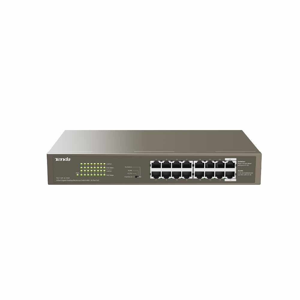 Switch Gigabite Tenda TEG1116P-16-150W, 16 porturi, 32 Gbps, 8000 MAC