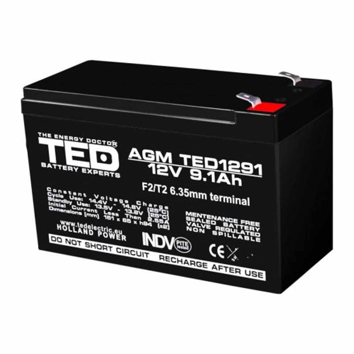 Acumulator AGM VRLA 12V 9,1A dimensiuni 151mm x 65mm x h 95mm F2 TED Battery Expert Holland TED003263 (5)
