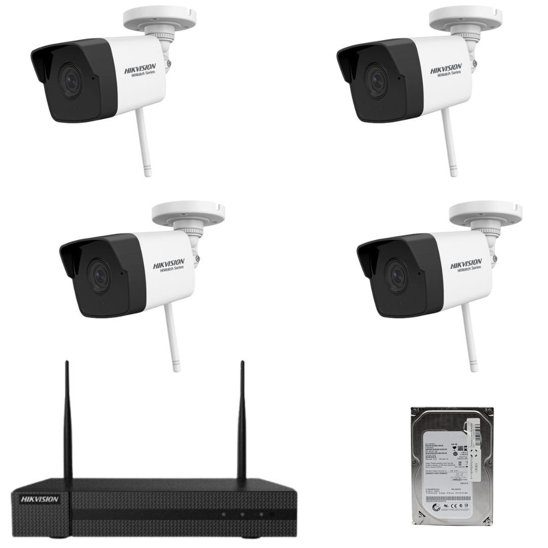 Kit de supraveghere 4 camere Hikvision HiWatch wireless 2MP, 30m IR, lentila 2.8mm, NVR 4 canale HDD inclus
