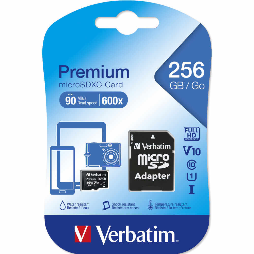Card de memorie Verbatim MicroSDXC Premium U1, 256GB, Clasa 10 + Adaptor