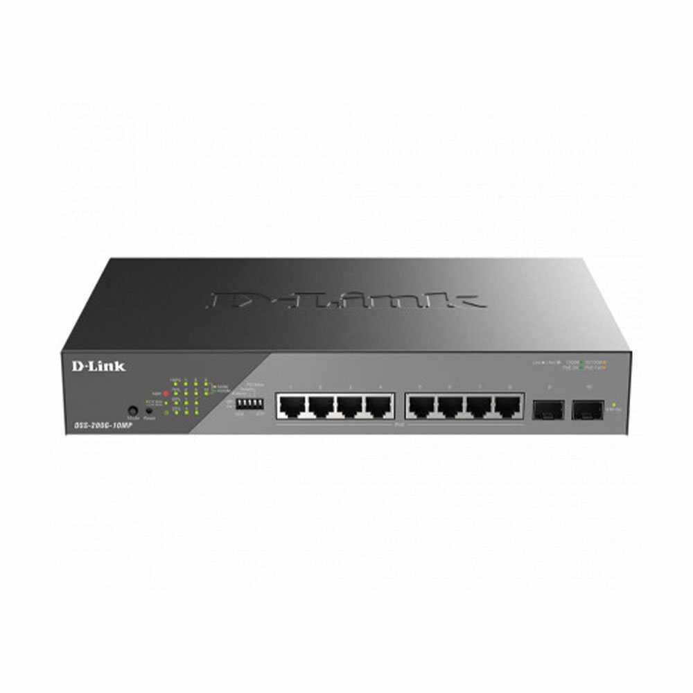 Switch cu 8 porturi Gigabit D-Link DSS-200G-10MP, 2 porturi SFP, 20 Gbps, 14.88 Mpps, 8.000 MAC, 1U, PoE, cu management 