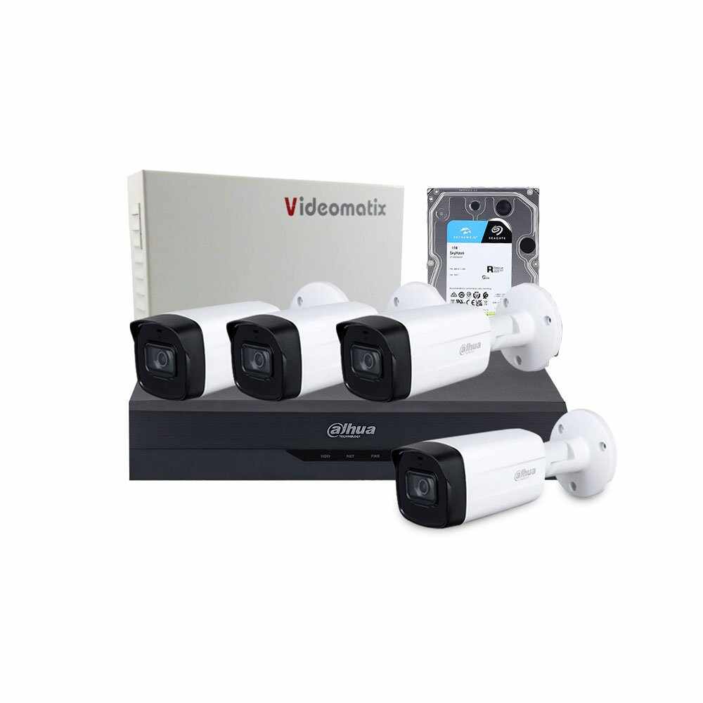 Sistem supraveghere exterior complet Dahua DH-C4EXT80-5MP-M, 4 camere, 5 MP, IR 80 m, 3.6 mm, POS, IoT, HDD 1TB