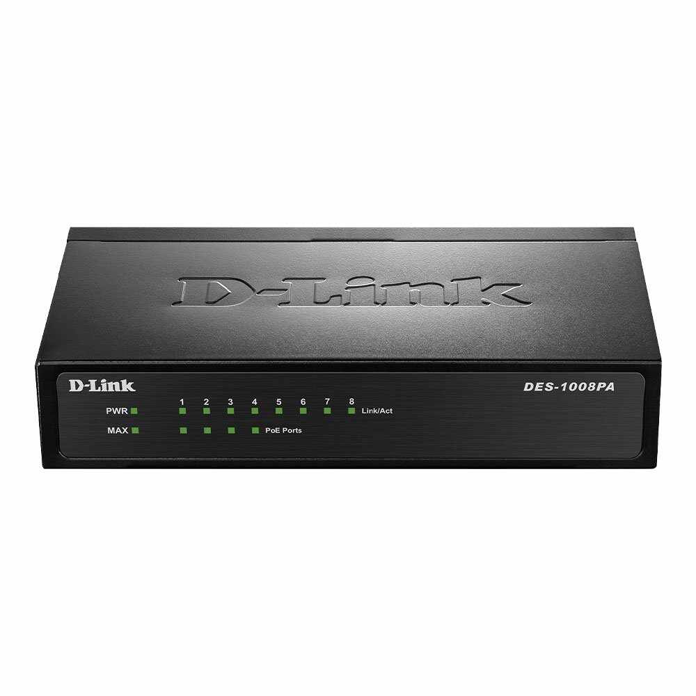 Switch cu 8 porturi D-Link DES-1008PA, 1.6 Gbps, 200 Mbps, 1000 MAC, fara management