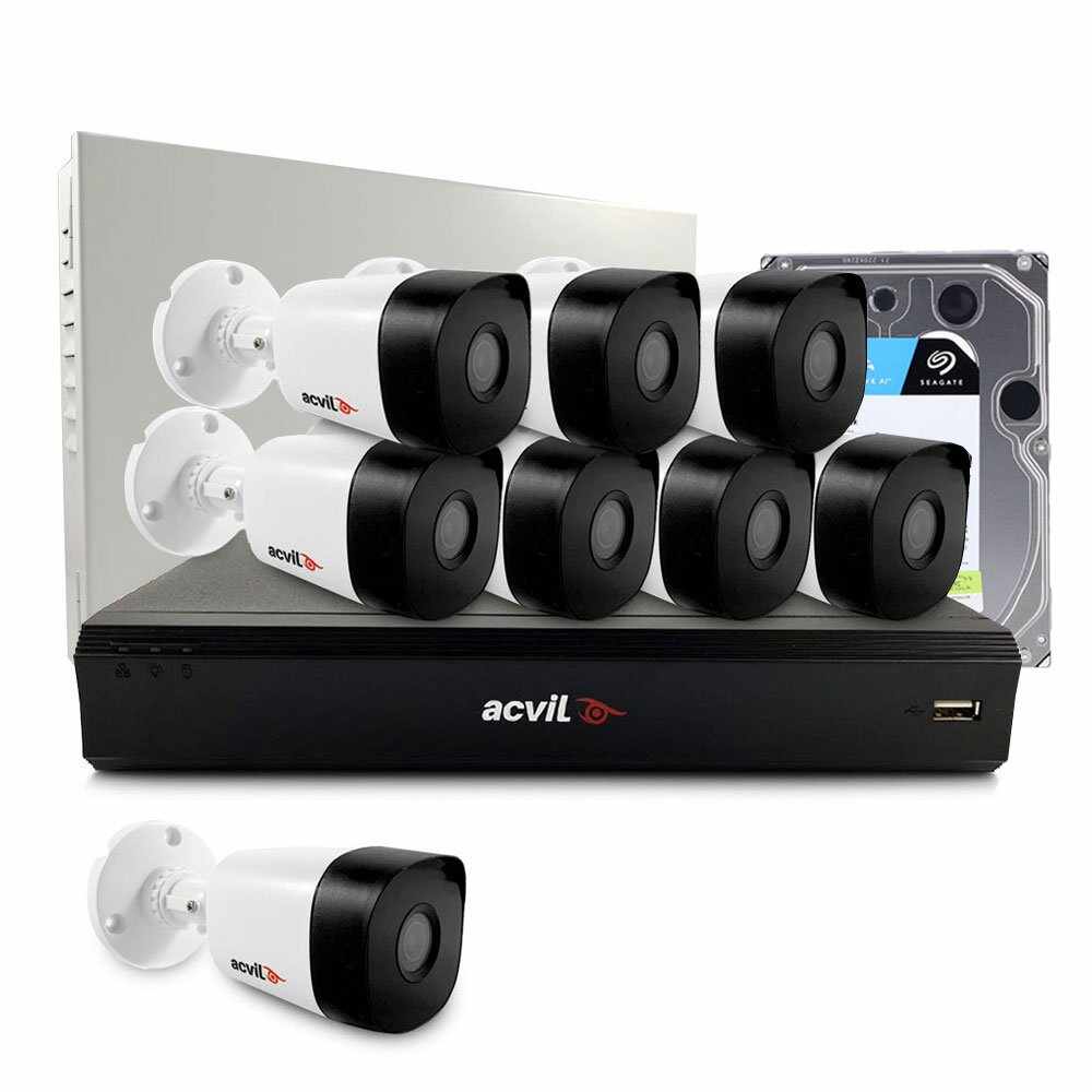 Sistem supraveghere exterior middle Acvil Pro ACV-M8EXT20-2MP-V2, 8 camere, 2 MP, IR 20 m, 3.6 mm, audio prin coaxial, HDD 1TB