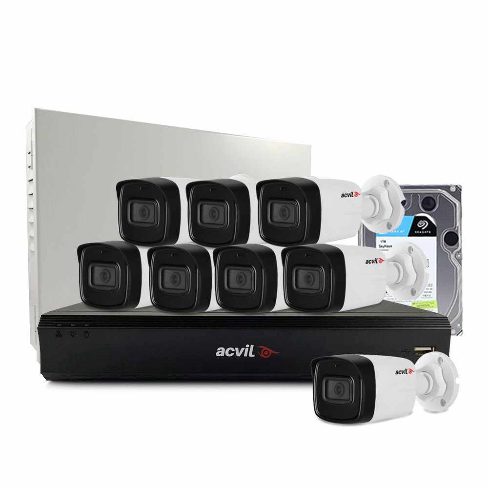 Sistem supraveghere exterior middle Acvil Pro ACV-M8EXT40-2MP-V2, 8 camere, 2 MP, IR 40 m, 2.8 mm, audio prin coaxial, HDD 1TB