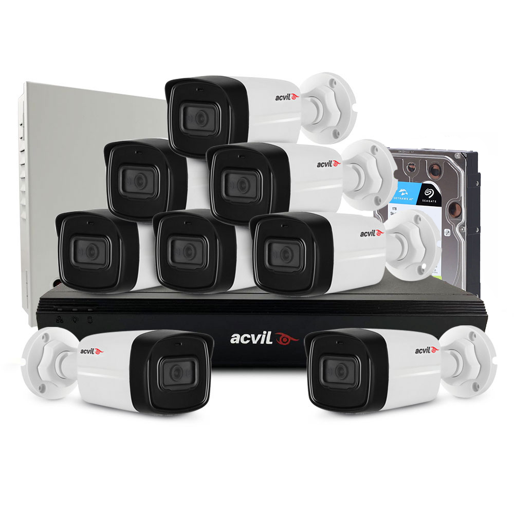 Sistem supraveghere exterior middle Acvil Pro ACV-M8EXT80-5M-A, 8 camere, 5 MP, IR 80 m, 3.6 mm, HDD 1 TB, audio prin coaxial, microfon