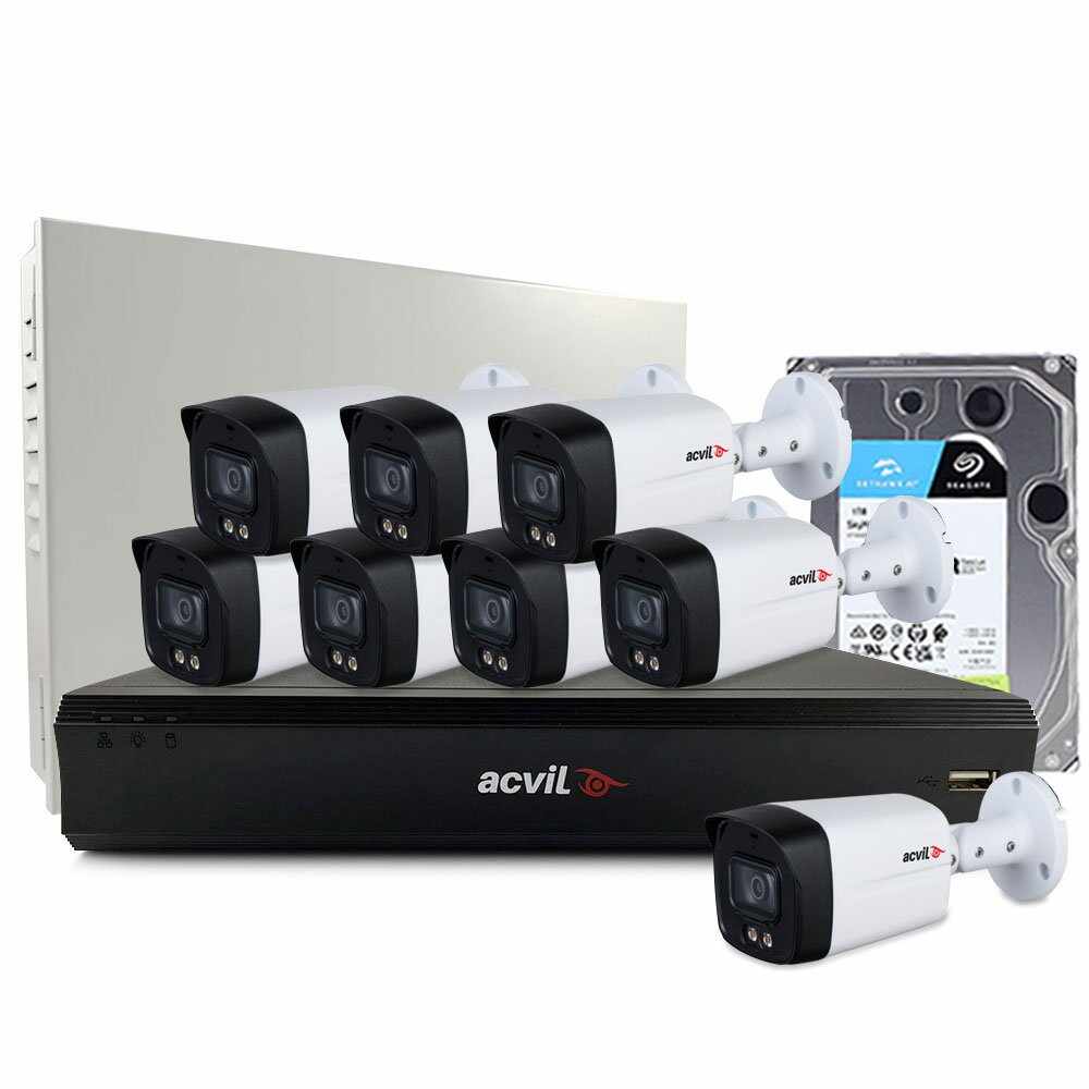 Sistem supraveghere exterior middle Acvil Pro Full Color ACV-M8EXTFC40-5M, 8 camere, 5 MP, lumina alba 40 m, 3.6 mm, audio prin coaxial, microfon, HDD 1TB
