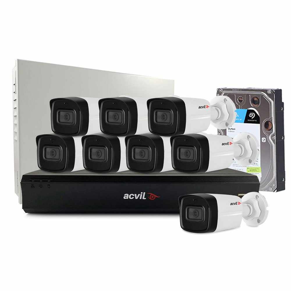 Sistem supraveghere exterior middle Acvil Pro Starlight ACV-M8EXT80-2MP-A, 8 camere, 2 MP, IR 80 m, 3.6 mm, audio prin coaxial, microfon, HDD 1TB