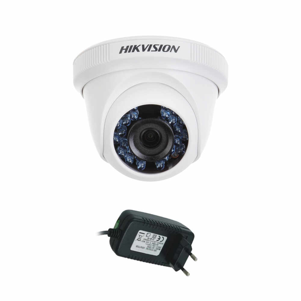 Camera supraveghere Dome Hikvision TurboHD DS-2CE56C0T-IRPF, 1 MP, IR 20 m, 2.8 mm + alimentator