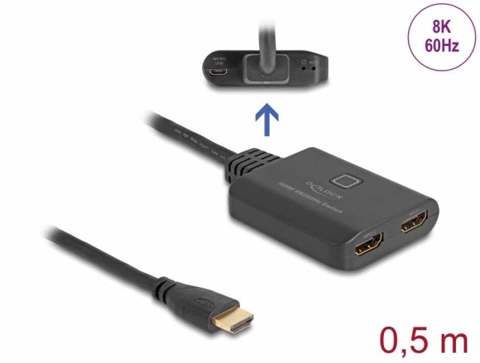 Switch HDMI 2 porturi 8K60Hz/4K144Hz + cablu 0.5m, Delock 18645