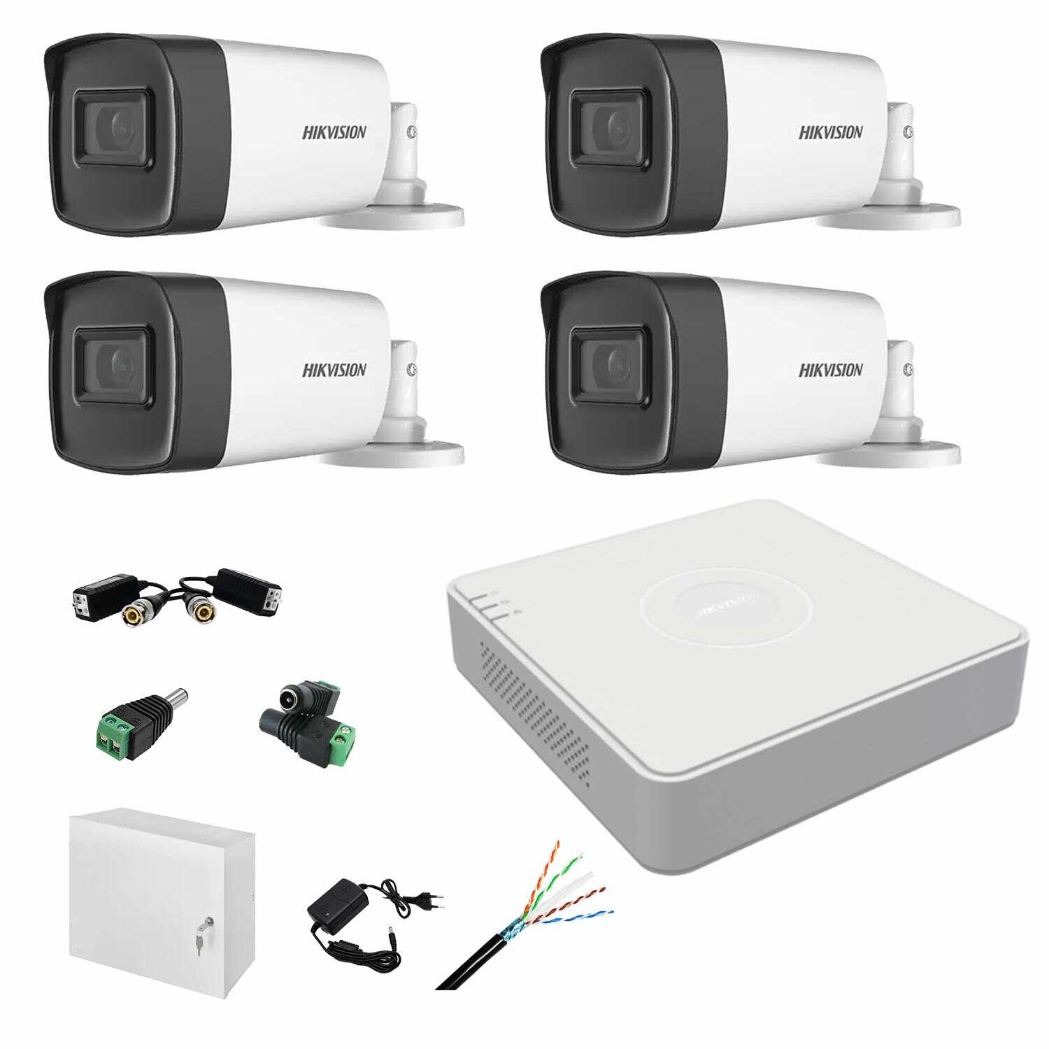 Kit complet profesional 4 camere supraveghere exterior 5MP TurboHD Hikvision IR 40m DVR 4 canale accesorii incluse