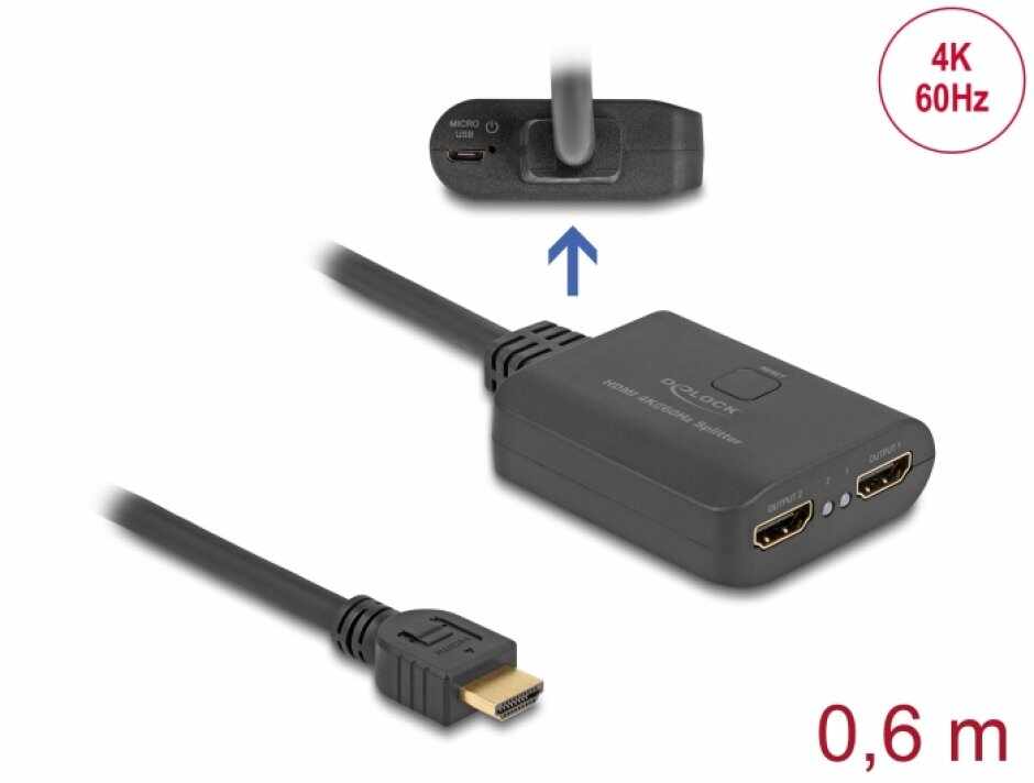 Switch HDMI 2 porturi 4K60Hz cu downscaler + cablu 0.6m, Delock 18650
