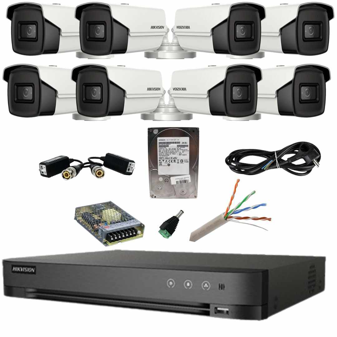 Kit supraveghere Hikvision 8 camere 4in1 8 Megapixeli IR 80m Lentilă 3.6mm DVR Acusense 8 MP Hard Disk 1 TB, Accesorii