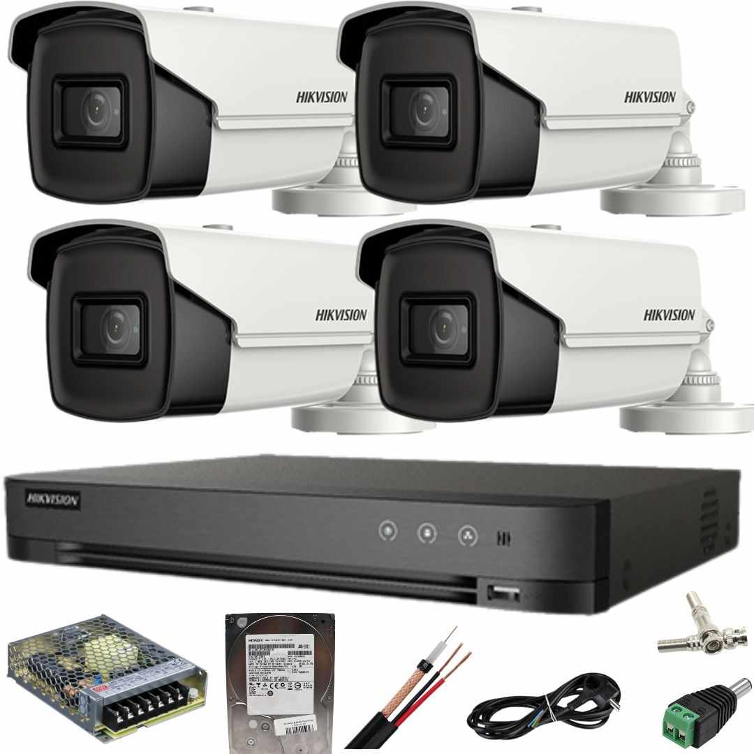 Sistem supraveghere Hikvision 4 camere 8MP IR 80M DVR 4K AcuSense cu accesorii incluse si HDD 1TB