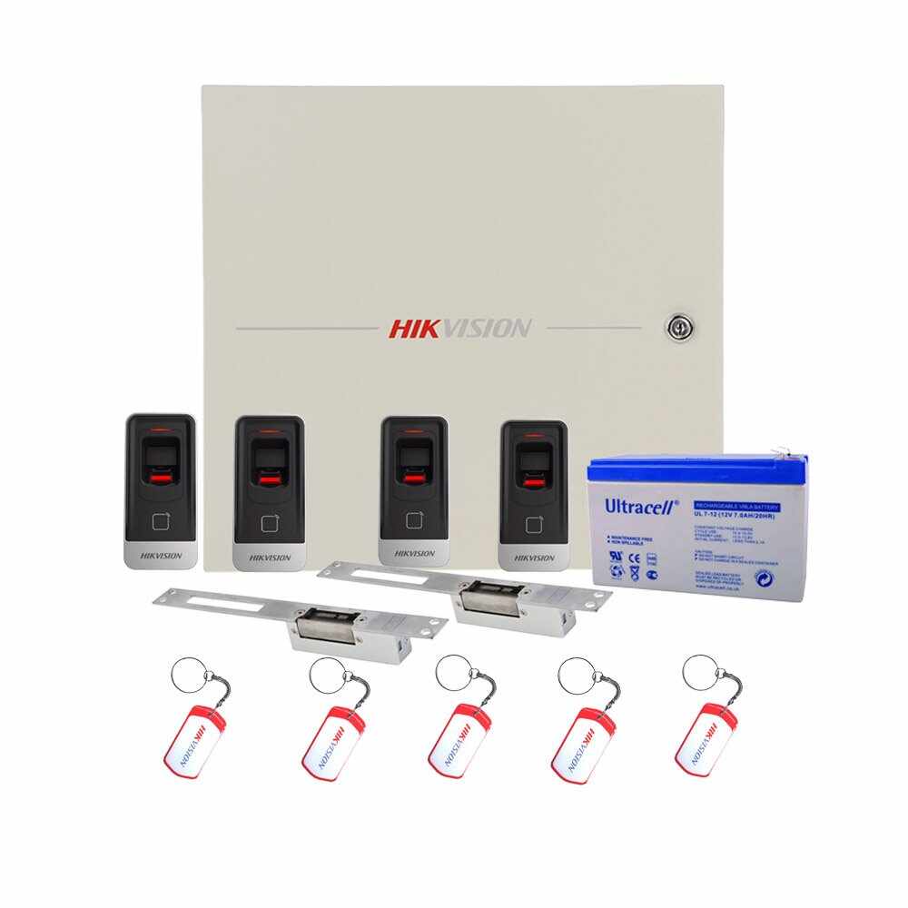 Sistem control acces Hikvision KIT-2UBAC, amprenta, cartela, 13.56 MHz, acumulator, doua usi bidirectionale
