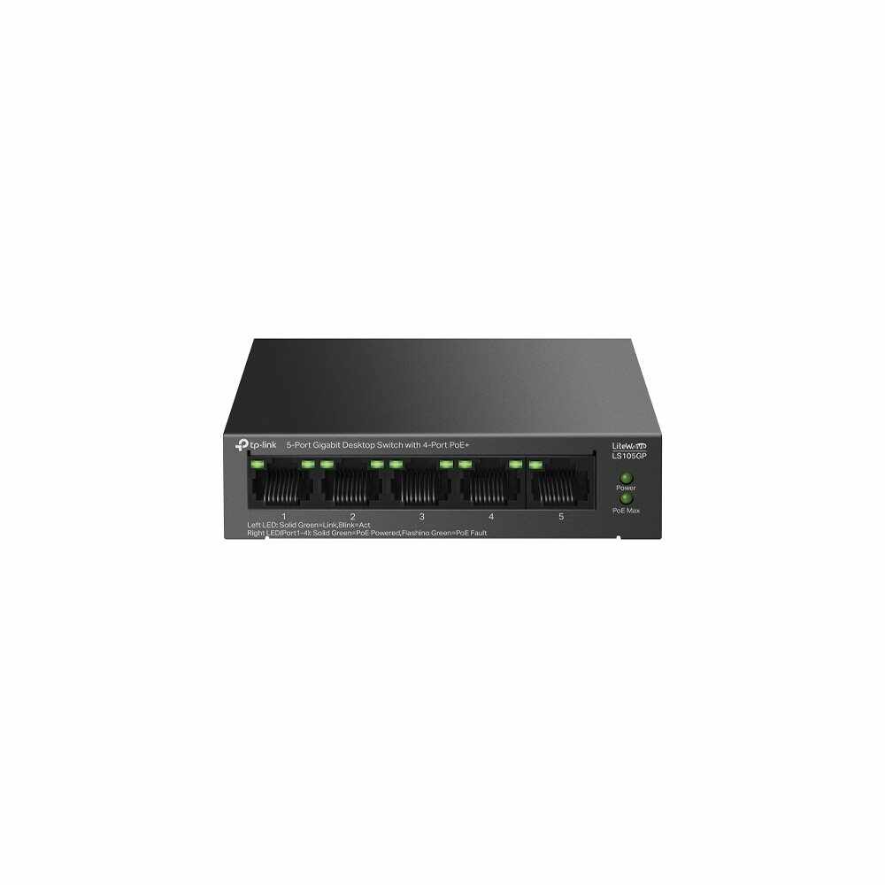 Switch cu 5 porturi Gigabit TP-Link LS105GP, 10 Gbps, 7.44 Mpps, 250 m, plug&play, PoE