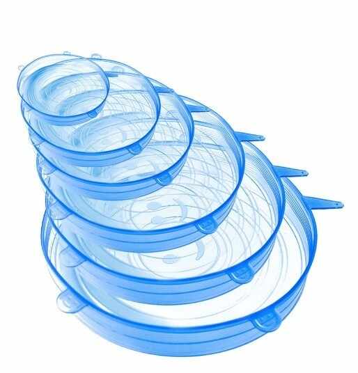 Set 6 capace din silicon pentru vase fara capac , extensibile, reutilizabile albastru transparent