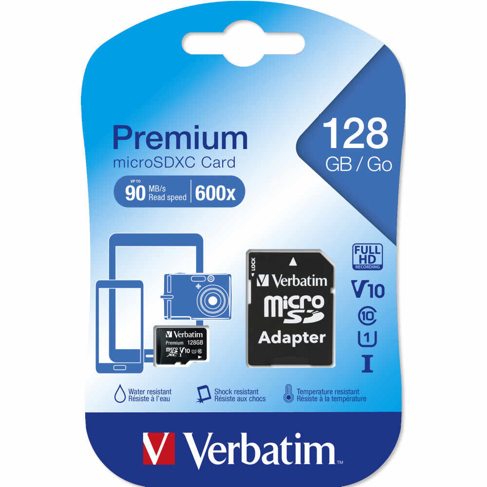 Card de memorie Verbatim Premium U1 MicroSDXC, 128GB, Clasa 10 + Adaptor