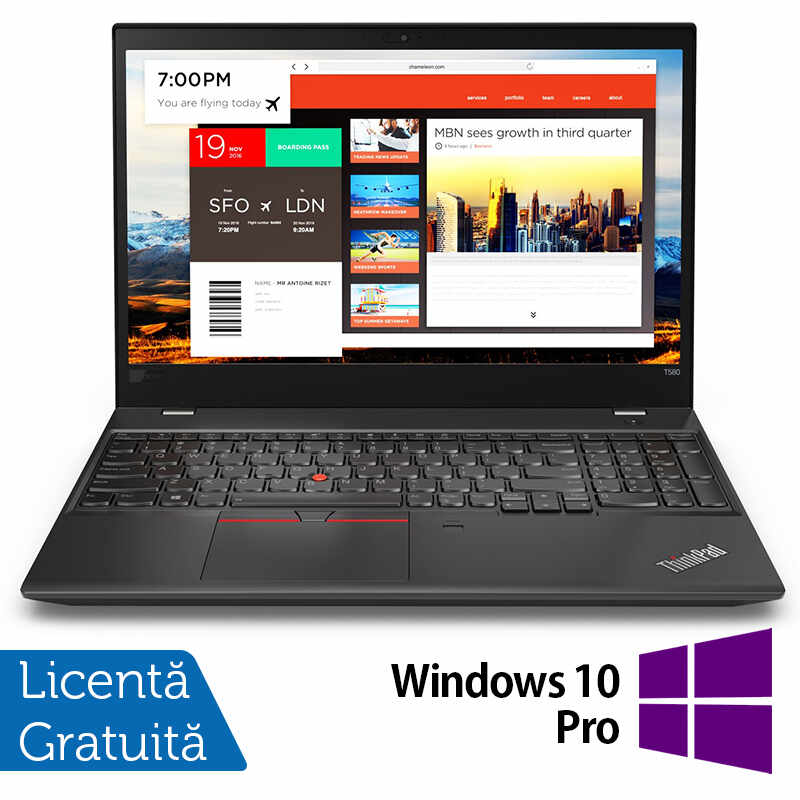 Laptop Refurbished LENOVO ThinkPad T580, Intel Core i5-8350U 1.70 - 3.60GHz, 8GB DDR4, 256GB SSD, 15.6 Inch Full HD, Webcam + Windows 10 Pro