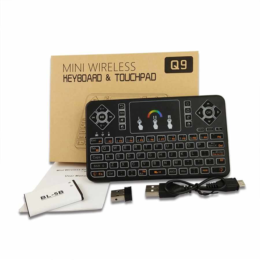 Tastatura Wireless Techstar® Q9 Iluminata RGB , QWERTY, Plug&Play, Tochpad, Tastatura, Mouse 