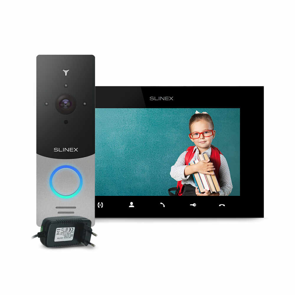 Kit videointerfon Slinex ML-20HD-SB-SQ-07MTHD-B-PA12/2A, 1 familie, aparent, 7 inch, touchscreen, IR 1.5 m, Full HD