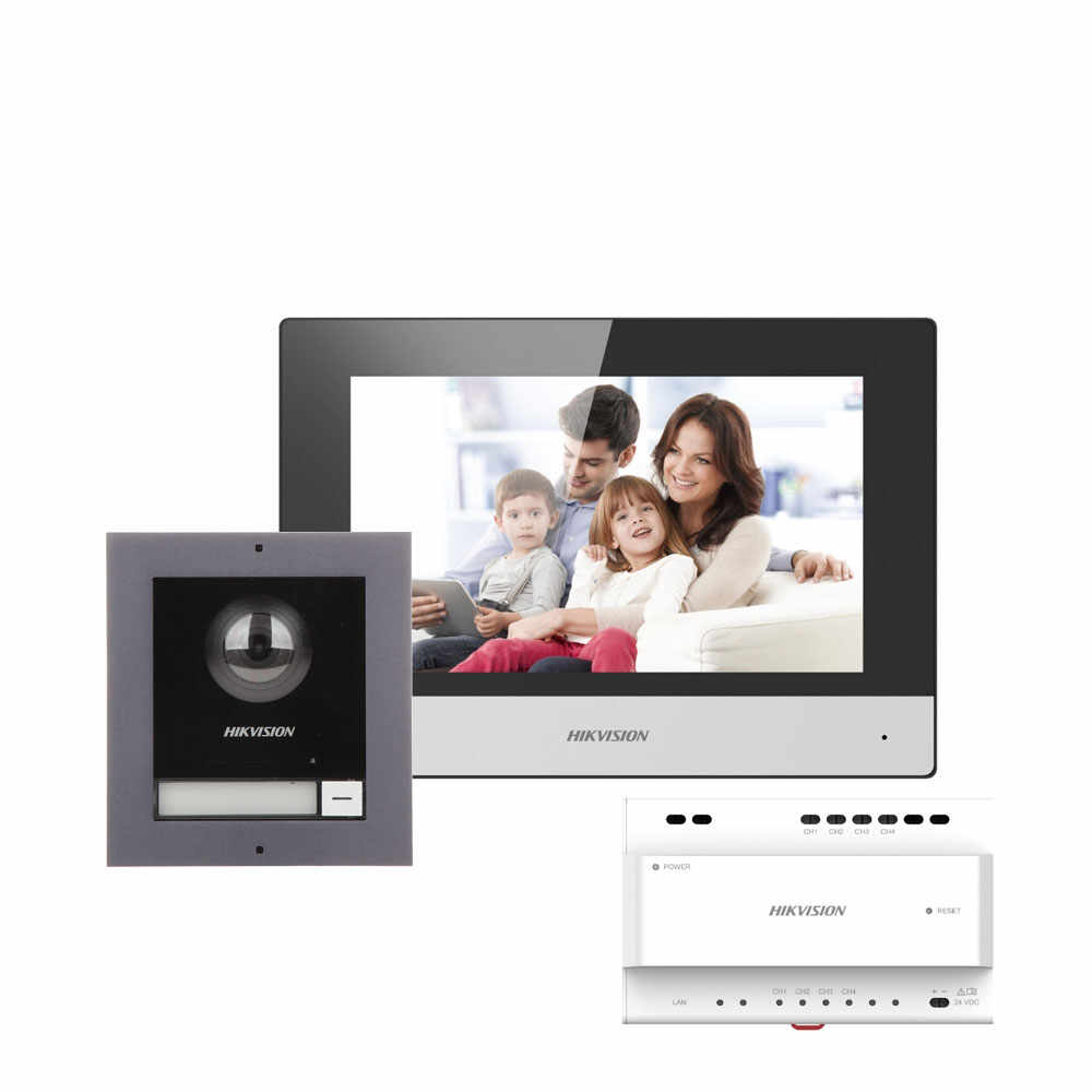 Kit videointerfon IP pe 2 fire Hikvision DS-KIS702, 1 familie, 2 MP, 7 inch, aparent