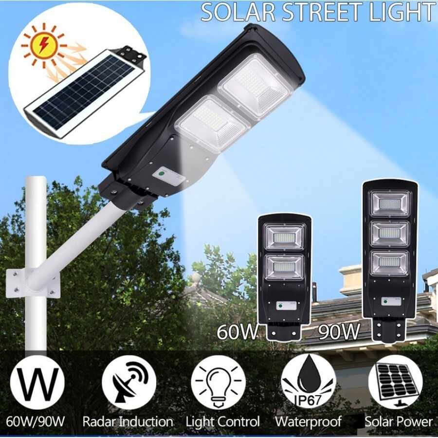 Lampa stradala 90W cu panou solar, acumulator, senzor de miscare,suport de prindere inclus
