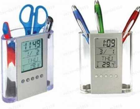 Suport de pixuri cu afisaj LCD pentru calendar, ceas si termometru