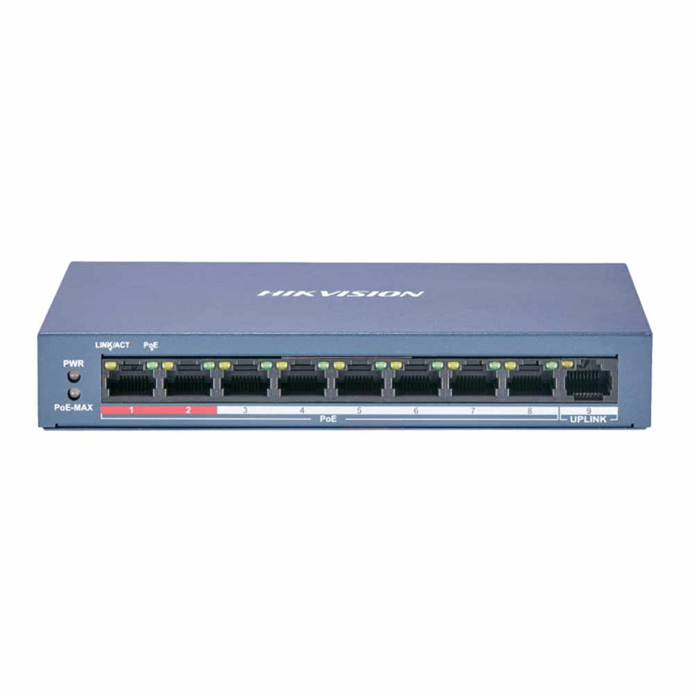 Switch cu 8 porturi PoE Hikvision DS-3E0109P-E/M(B), 2000 MAC, 100 Mbps, fara management