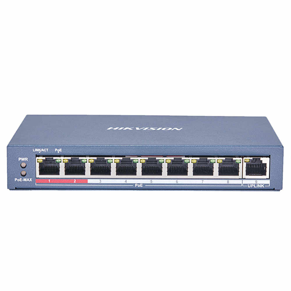 Switch cu 8 porturi PoE Hikvision DS-3E0109P-E(C), 2000 MAC, 100 Mbps, fara management