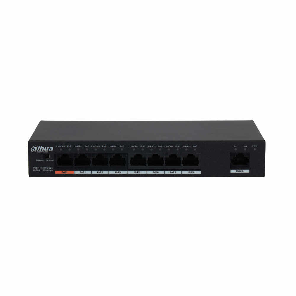 Switch cu 9 porturi Dahua PFS3009-8ET1GT-96, 2000 MAC, 3.6 Gbps, fara management, 250 m, PoE