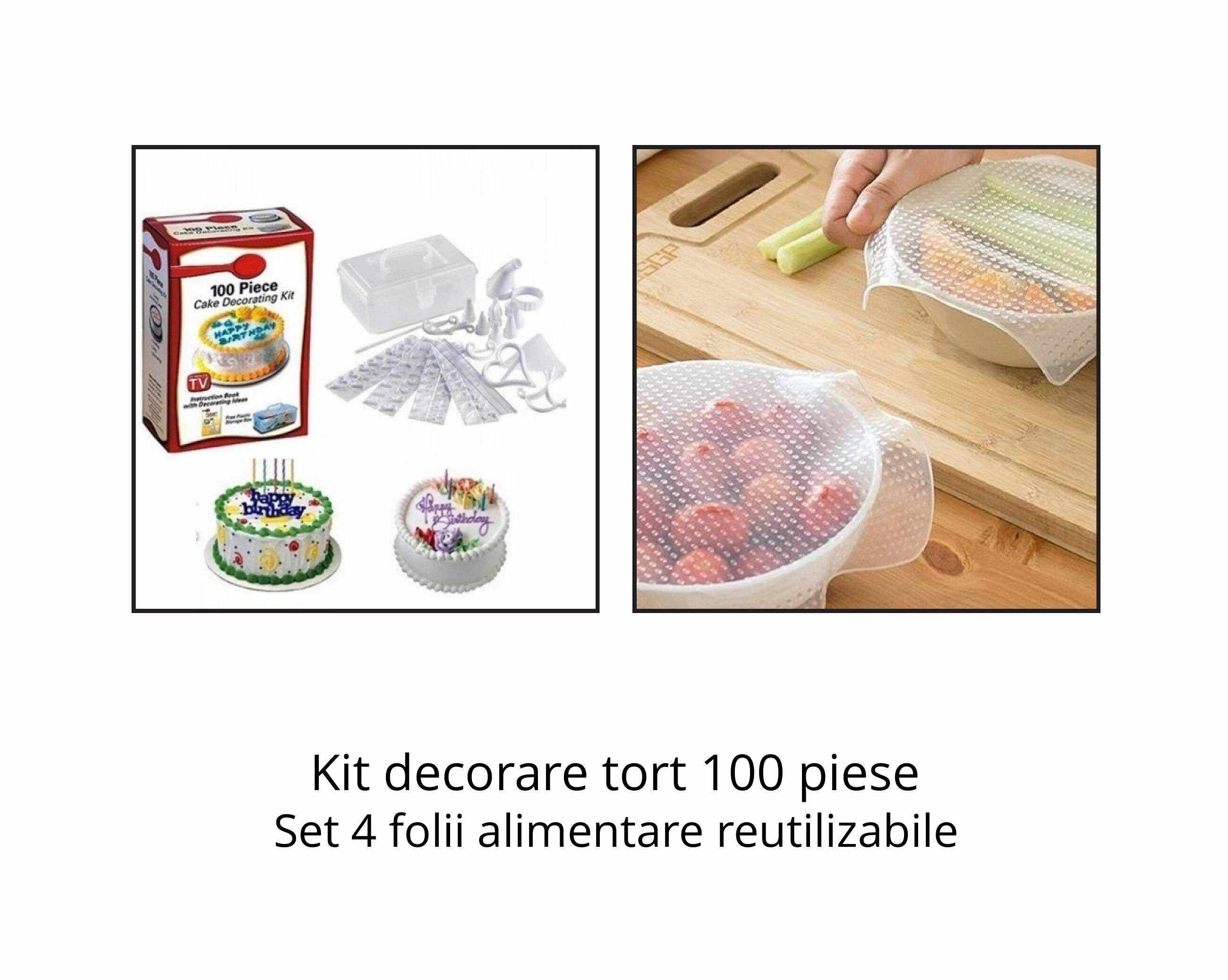 Kit decorare tort 100 piese + Set 4 folii alimentare reutilizabile