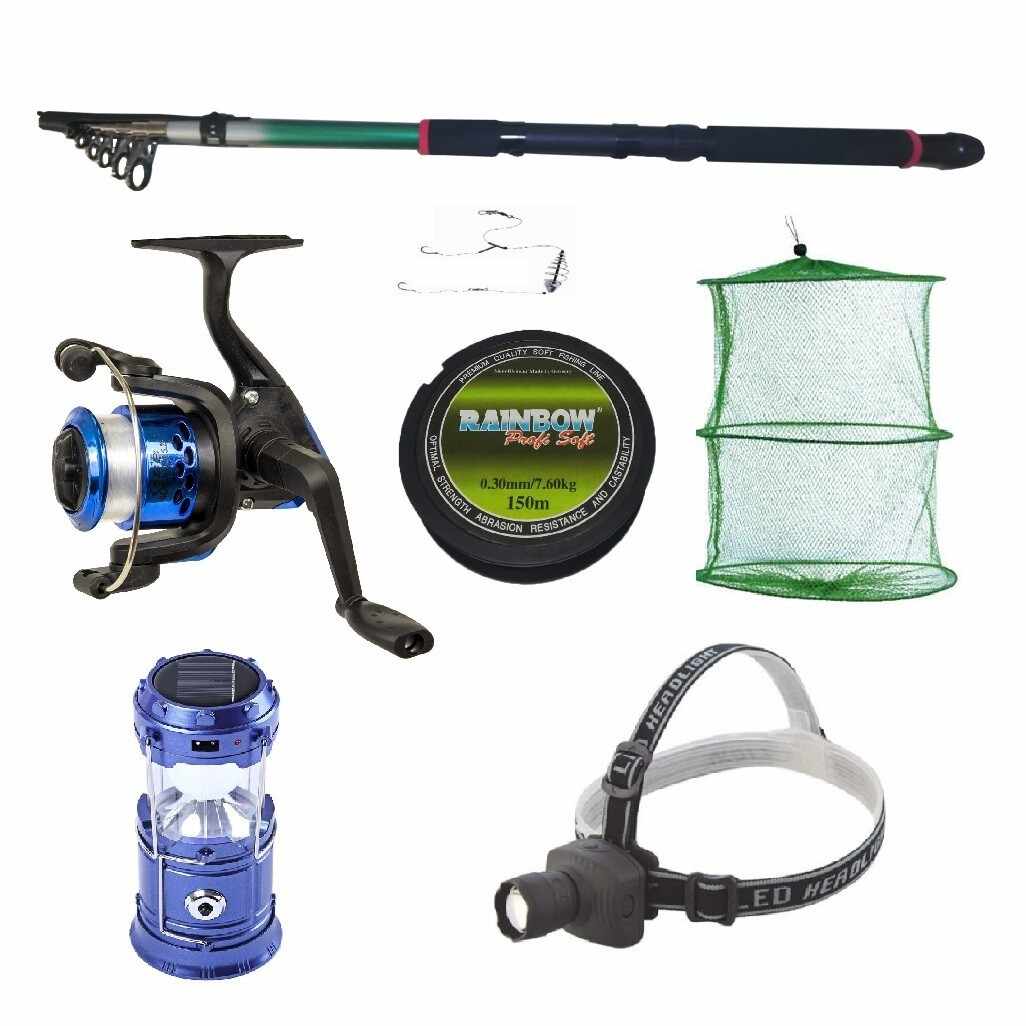Set pescuit sportiv cu lanseta 2.4 m, mulineta YF200 cu 5 rulmenti, felinar solar, lanterna frontala si acceso