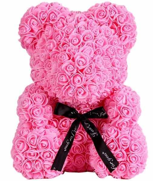 Ursulet floral roz decorat manual cu trandafiri de spuma 25 cm ideal pentru cadou