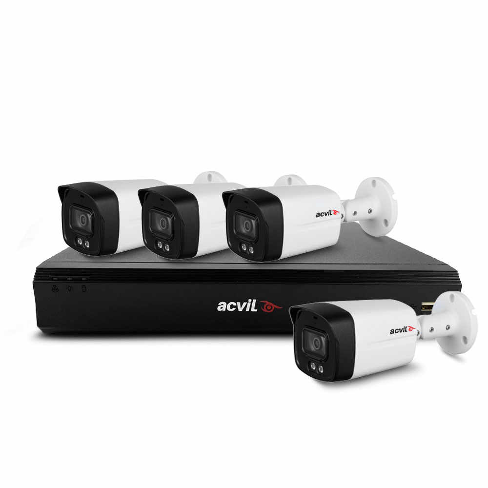 Sistem supraveghere exterior basic Acvil Pro Full Color ACV-B4EXTFC40-5M, 4 camere, 5 MP, lumina alba 40 m, 3.6 mm, PoS, audio prin coaxial, microfon